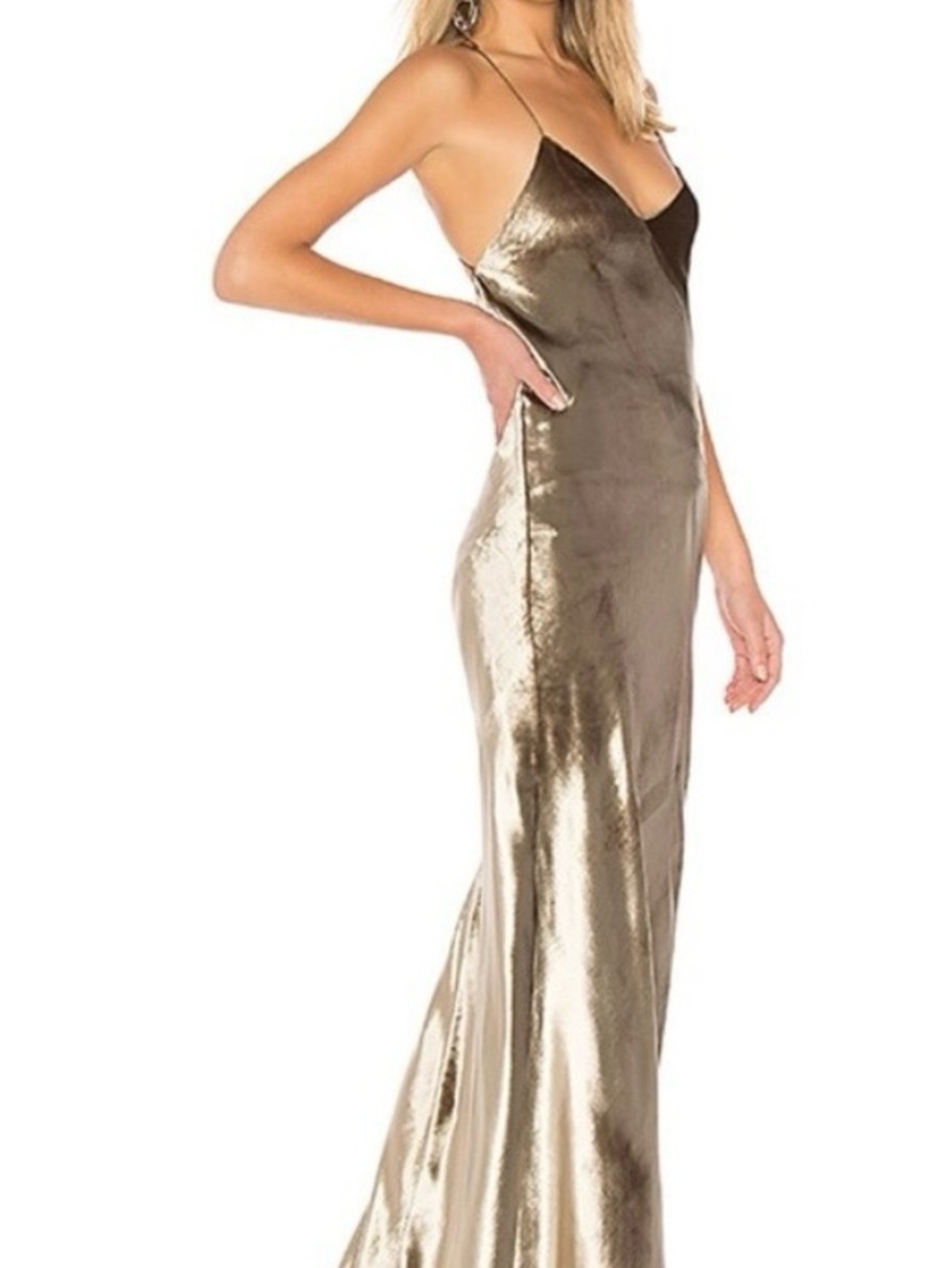 Michelle Mason Bias Metallic Gold Slip Maxi Dress with Spaghetti Straps